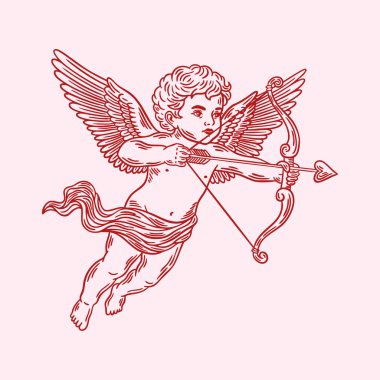 Yay çizgili uçan aşk tanrısı. Sevgililer Günü 'nde tuhaf bir cilveli resim, el çizimi. Vektör illüstrasyonu