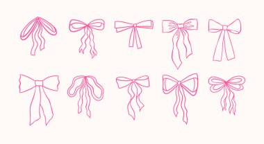 Fiyonklar çizgi çiziyor. Tuhaf fiyonk koleksiyonu, el çizimi çizimleri, klasik pembe fiyonklar. Vektör illüstrasyonu