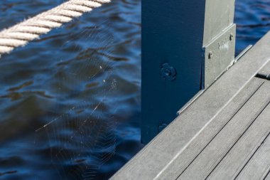 Parlak güneş tarafından aydınlatılan beyaz örümcek ağı mavi suyun arka planına yakın plan. Modern şehir altyapısında böcek örümcek ağı çerçevesi. Gri ahşap bir merdiven ve kopyalanmış bir ip çiti var..