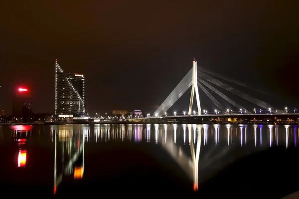 The night scene of the Vansu bridge over river Daugava, Riga, Latvia Royalty Free Stock Photos