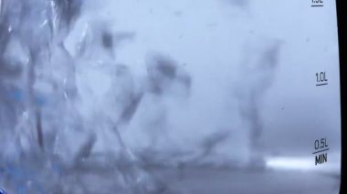 Şeffaf bir elektrikli çaydanlık su kaynar. Arka plan