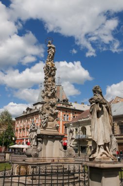 Slovakya, Kosice. Main Street. Immaculata heykeli. Şehir manzarası.