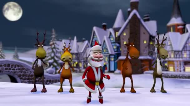 Χριστουγεννιάτικα κινούμενα σχέδια. Αστείος τρελός Άγιος Βασίλης και ελάφια χορεύουν στο χειμερινό δάσος των Χριστουγέννων. Η έννοια των Χριστουγέννων και της Πρωτοχρονιάς. Απρόσκοπτη θηλιά. — Αρχείο Βίντεο