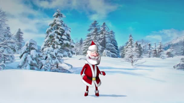 Vicces őrült Mikulás táncol a karácsonyi téli erdőben. A karácsony és az újév fogalma. Zökkenőmentes hurok. — Stock videók