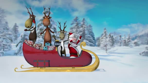 Vicces őrült Mikulás és szarvasok lovagolnak az erdőben egy szánnal ajándékokkal. A karácsony és az újév fogalma. Zökkenőmentes hurok. — Stock videók