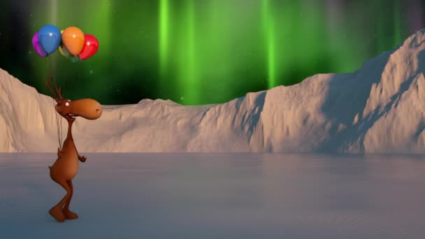 Animace k narozeninám, Valentýn, Vánoce, Nový rok, LGBT. Legrační jelen kráčí po zasněžené krajině s barevnými balónky. Severní světla. — Stock video
