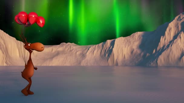 Animace k narozeninám, Valentýn, Vánoce, Nový rok, LGBT. Legrační jelen kráčí po zasněžené krajině s červenými balónky. Severní světla. — Stock video