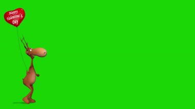 Sevgililer Günü için animasyon. Kırmızı kalp şeklinde balonla komik bir geyik yürüyor. Yeşil ekran. Sevgililer Günün kutlu olsun.