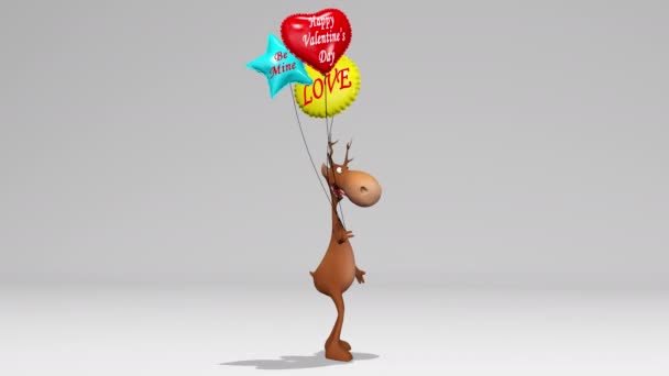 Анимация на День Святого Валентина. Забавный олень ходит с разноцветным шаром в форме сердца. С альфа-каналом. С Днем Святого Валентина. — стоковое видео