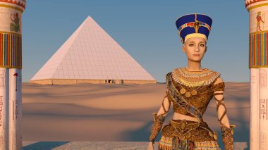 Kraliçe Nefertiti Giza 'nın büyük piramidinin önünde ve antik tapınaktaki çöl manzarası. Tarihi animasyon. Giza Vadisi 'ndeki Büyük Piramitler, Kahire, Mısır. 3d oluşturma