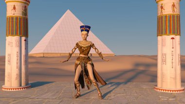 Kraliçe Nefertiti, Giza Piramidi 'nin önünde dans ediyor ve antik tapınaktaki çöl manzarası. Tarihi animasyon. Giza Vadisi 'ndeki Büyük Piramitler, Kahire, Mısır. 3d oluşturma
