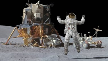 3 boyutlu görüntüleme. Astronot aya atlıyor. Bilgisayar animasyonu. Bu görüntünün elementleri NASA tarafından desteklenmektedir