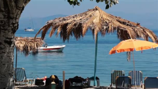 Parasols e espreguiçadeiras na praia, Grécia — Vídeo de Stock