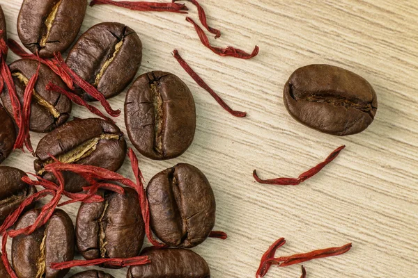 Coffee Saffron Macro Wood Background — Stock Photo, Image