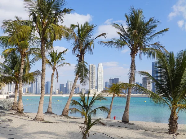 DUBAI, UAE - FEBRUARY 02, 2014 Palms, beach and skyscrapers in Dubai — Stock Photo, Image