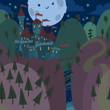 Bir tepe üzerinde kale geceleri karikatür