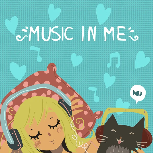 Девушка с кошкой слушает музыку — стоковый вектор