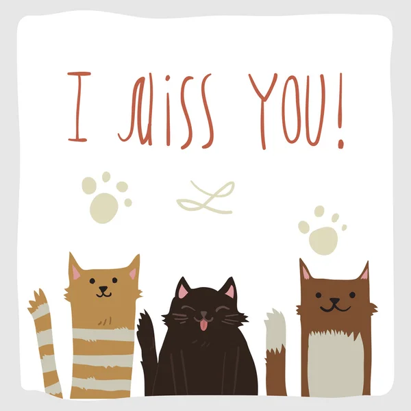 Te extraño postal con gatos — Vector de stock