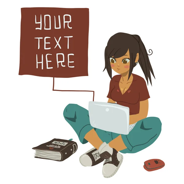 Chica escribiendo mensaje de texto en el cuaderno . — Vector de stock