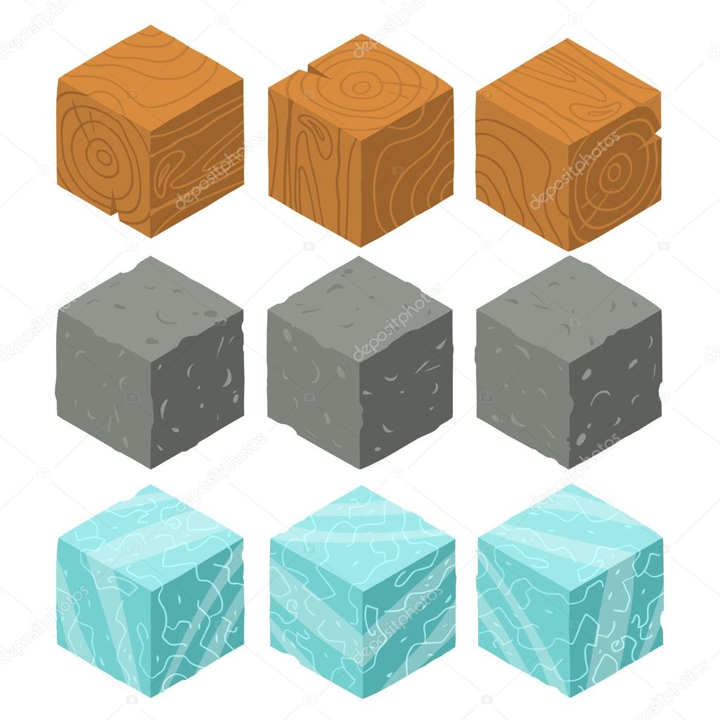 Isometric game brick cubes set.