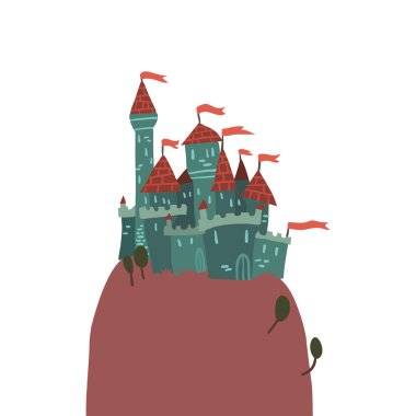 Cartoon Castle on a Hill flat icon.