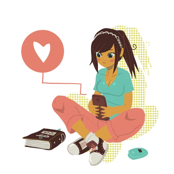 Girl Writing Mensaje de texto en el teléfono inteligente — Vector de stock