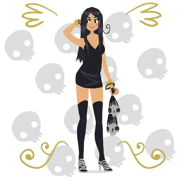 Dessin animé drôle Halloween fille avec des crânes — Image vectorielle