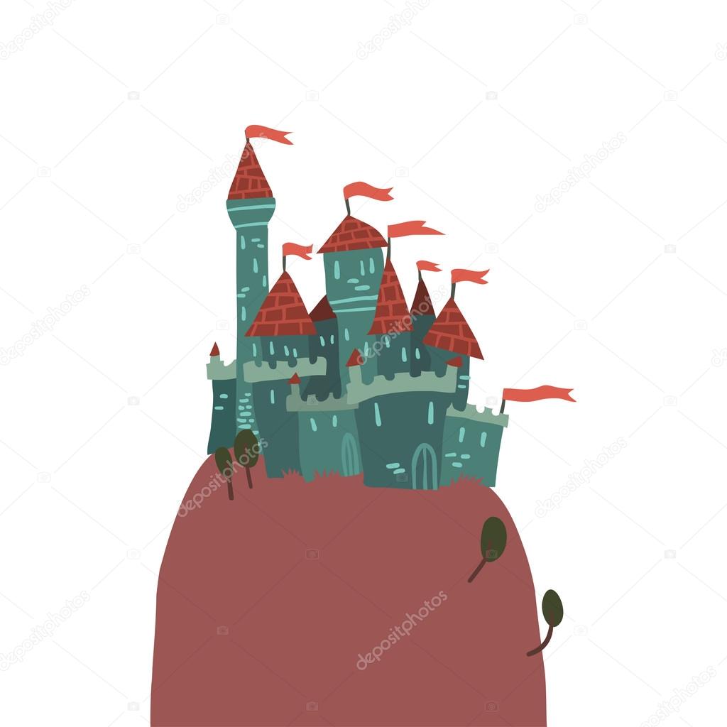 Cartoon Castle on a Hill flat icon.