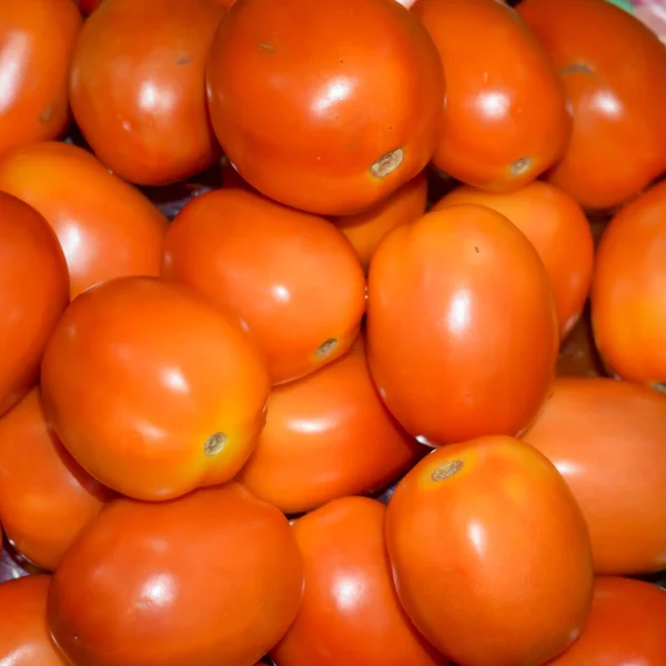 Deliciosos Tomates Rojos Verano Bandeja Mercado Agrícola Granja Llena Verduras — Foto de Stock