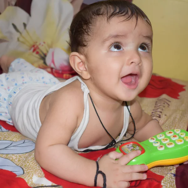 Month Baby Boy Indoors Summer Stock Photo Cute Boy Playing — стоковое фото