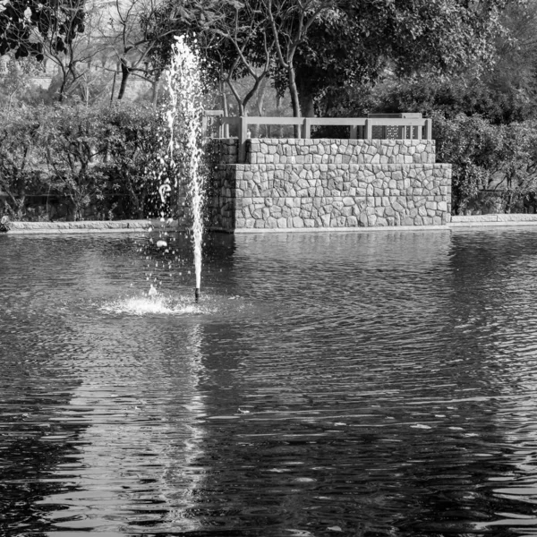 Fountain in the garden of Sunder Nursery in Delhi India, working fountain in the Sunder Nursery complex, water in the fountain, fountain in the park during morning time - Black and White