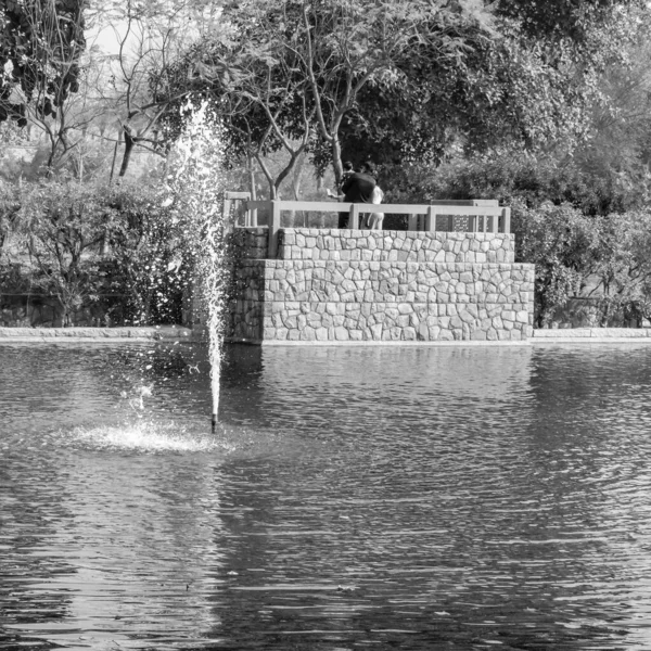 Fountain in the garden of Sunder Nursery in Delhi India, working fountain in the Sunder Nursery complex, water in the fountain, fountain in the park during morning time - Black and White