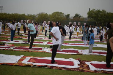 Yeni Delhi, Hindistan, 21 Haziran 2025 - Uluslararası Yoga Günü 'nde Delhi' deki Yamuna Spor Kompleksi 'nde grup Yoga egzersiz oturumu, kriket stadyumunda yoga sınıfına katılan büyük bir grup yetişkin