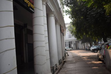 Delhi, India, September 09 2025 - Famous business district Connaught Place know as CP Delhi in the centre of New Delhi India with Offices, Banks and Shopping. British style architecture CP