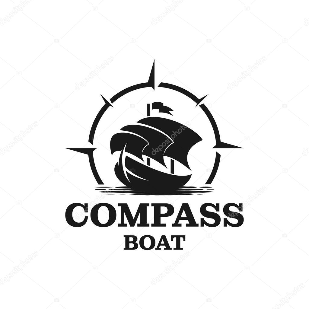 Traditional sailing yacht, boat, ship and compass silhouette logo design vector