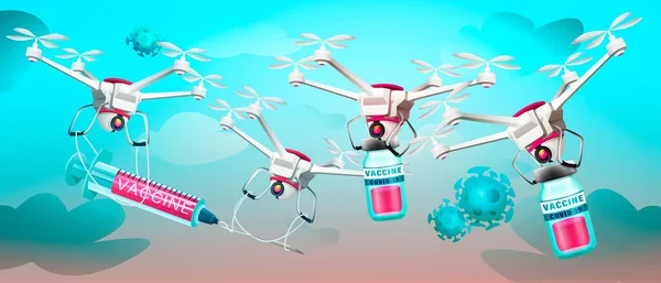 Vaccine against the coronavirus COVID-19. Creative poster or flyer. Coronaviruses with drones and vaccines on the background of the sky with clouds. Graphic 2-D illustration