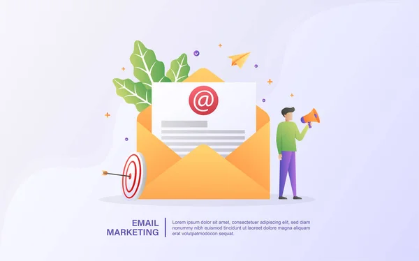 Koncepcja Mail Marketingu Małymi Ludźmi Media Reklamowe Docelowi Konsumenci Wysyłanie — Wektor stockowy