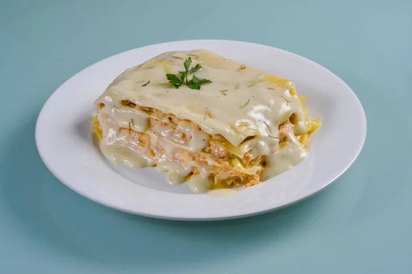 Lasagna Ayam Dalam Hidangan Putih Diisolasi Pada Latar Belakang Netral Stok Gambar Bebas Royalti