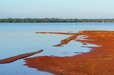 Kurak mevsimde kurak ağaçlarla birlikte Itaipu Barajı Gölü. Foz do Iguacu, Parana State, Brezilya 19 Mayıs 2015.