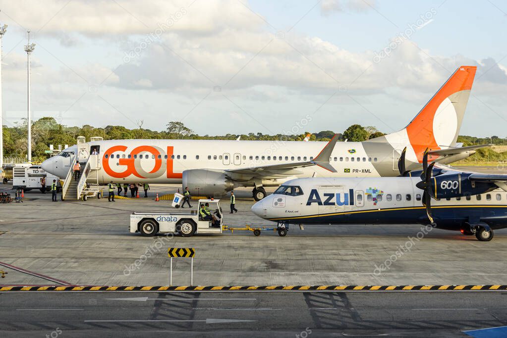 Airplanes of Gol and Azul Airlines on the runway at Airport, Joao Pessoa, Paraiba, Brasil on 03 October, 2025