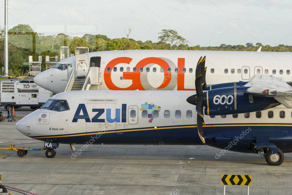 Airplanes of Gol and Azul Airlines on the runway at Airport, Joao Pessoa, Paraiba, Brasil on 03 October, 2025