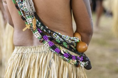 Yerel Potiguara vücut süsleri ve boncuklu süsler, Baia da Traio, paraba, Brezilya