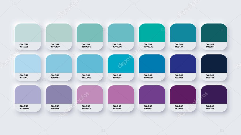 Colour Palette Catalog Samples Blue and Purple in RGB HEX. Neomorphism Vector