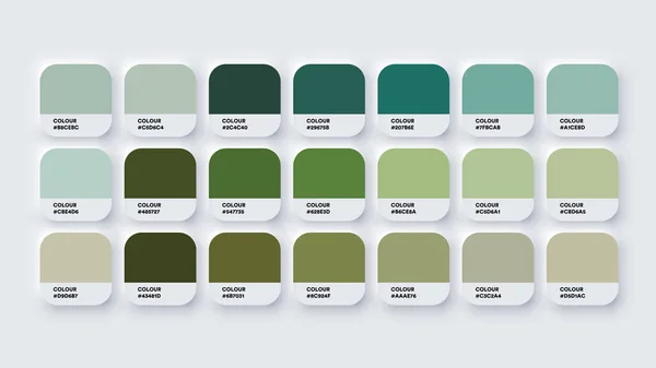 Paleta de cores Catálogo Amostras Verde em RGB HEX. Neomorfismo Vetor — Vetor de Stock