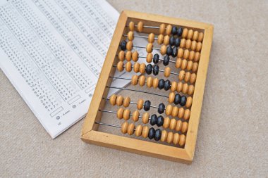 Gri bir yüzey üzerinde abaküs ve matematiksel örneklerle dolu bir tablo.