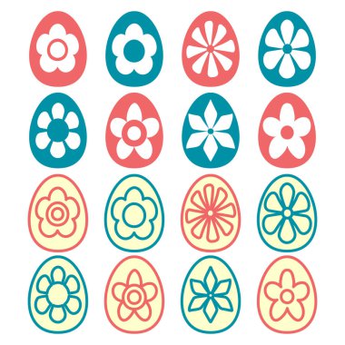 Mutlu Paskalya koleksiyonu. Çiçek süslemeli renkli Paskalya yumurtaları. Beyaz arka planda izole edilmiş. 3d vektör illüstrasyonu. Bahar tatili için tebrik kartı, poster, broşür