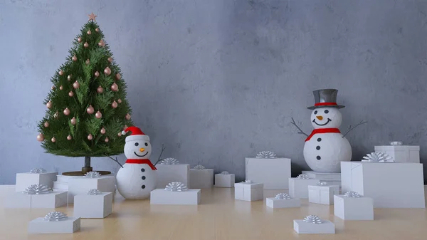 3Ds Ztvárnění Vánoční Stromeček Sněhulák Stole Které Mají Mnoho Dárků — Stock fotografie