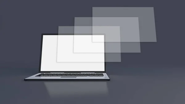 암회색 배경에 랩탑의 이미지를 렌더링한 것이다 형으로 만들어 노트북 화면을 — 스톡 사진