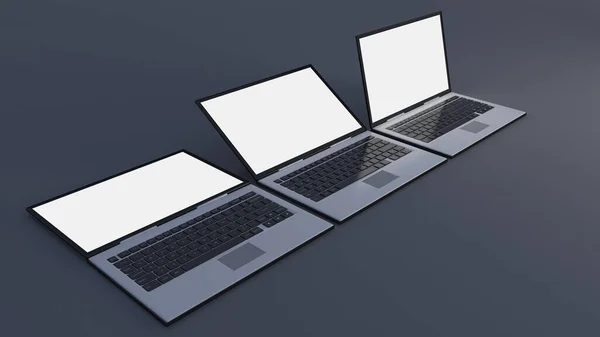 在深灰色背景下绘制笔记本电脑的3D图像 为您定制笔记本电脑屏幕模型 — 图库照片
