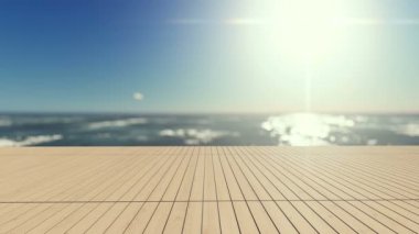 Arkaplanı deniz olan sonsuz yüzme havuzu kerestesi terasında 3 boyutlu beyaz şemsiye ve 2 ahşap şilte görüntüsü. Sinemagraf biçimi